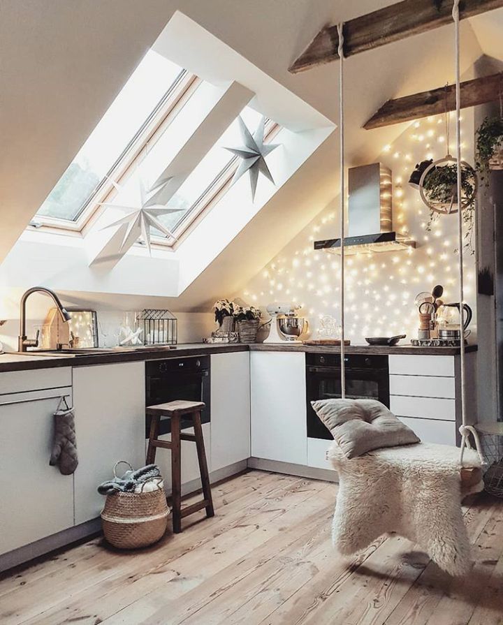 an instagram photo of a kitchen with lights on the ceiling