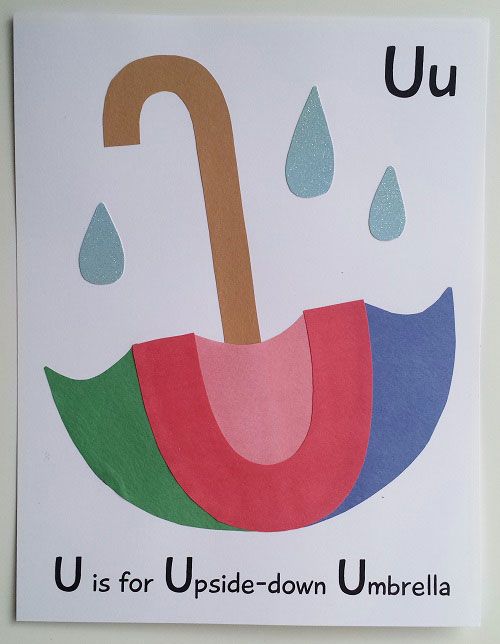 a card with an umbrella and the words u is for upside - down umbrella