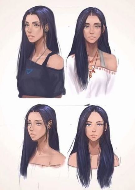 four different views of a woman with long hair