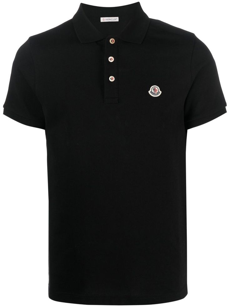 logo-patch short-sleeve polo shirt from MONCLER featuring black, cotton, logo patch at the chest, polo collar, front button placket, short sleeves and straight hem. Polo Shirt Logo, Black Polo Shirt, Versace Outfit, Cotton Polo Shirt, Cotton Polo, Polo Collar, Black Logo, Short Sleeve Polo, Sweaters Knitwear