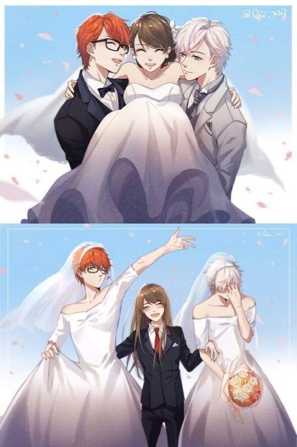 two pictures of people in wedding clothes