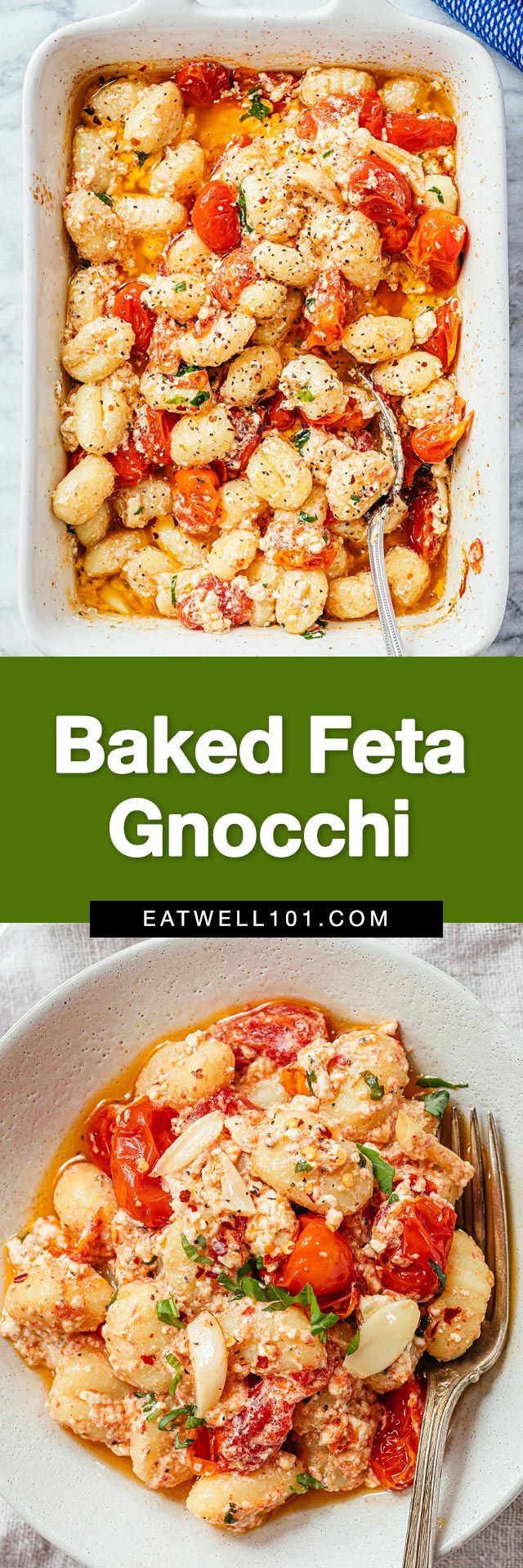 baked feta gattocchini with tomatoes and basil in a white casserole dish