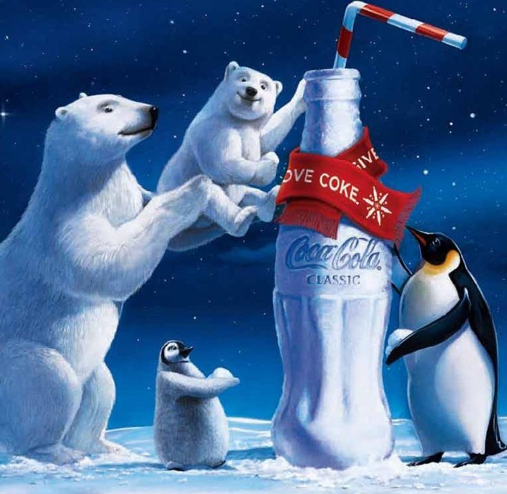 three polar bears and one penguin are playing with a coke bottle