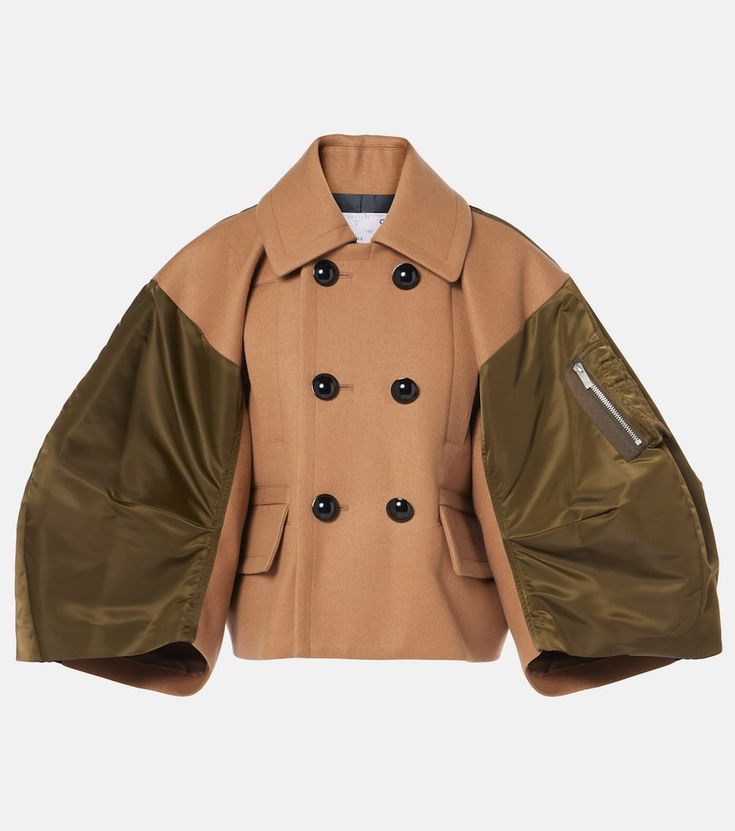 Find SACAI Wool And Twill Jacket on Editorialist. Material: 100% wool. Care instructions: dry clean. Made in Japan. Designer color name: BeigexOlive. Material II: 100% nylon. Lining: 100% cupro. Filling: 100% polyester. Trim: 55% polyester, 44% cotton, 1% polyurethane. Closure: double-breasted. Khaki Wool Outerwear For Fall, Designer Wool Blazer For Spring, Brown Gabardine Outerwear For Fall, Luxury Gabardine Outerwear For Fall, Designer Fall Outerwear With Lapel Collar, Designer Gabardine Outerwear For Fall, Designer Tailored Wool Coat For Fall, Designer Wool Pea Coat For Fall, Luxury Wool Coat For Spring