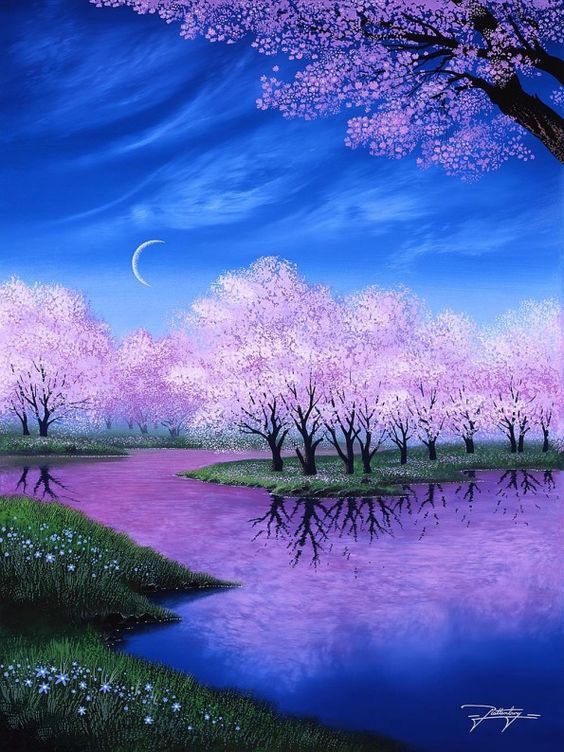 a painting of trees and water with the moon in the sky