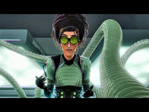 a woman with green glasses standing in front of an alien like creature