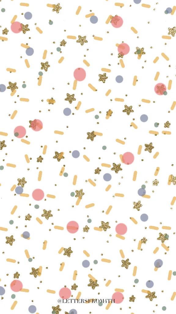 a white background with gold and pink confetti on the bottom, stars in the middle