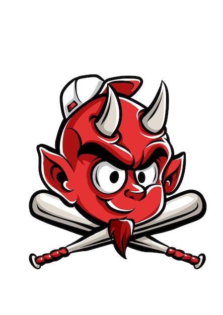 a red devil mascot with two baseball bats on it's head and one eye