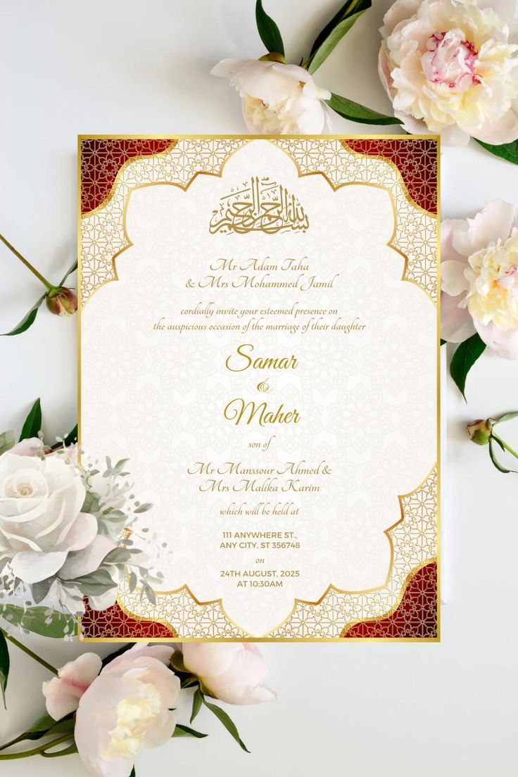 the wedding card is surrounded by flowers and greenery, including peonie's