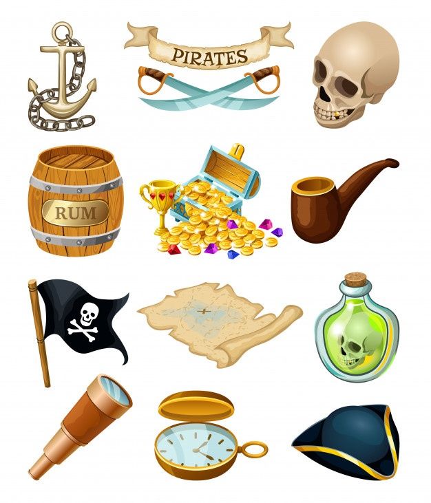 various pirate related items are grouped together