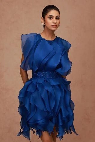 Shop for Shriya Som Blue Ruffled Silk Organza Dress for Women Online at Aza Fashions Organza Ruffle Dress, Short Dress For Women, Silk Organza Dress, Blue Ruffle Dress, Blue Organza, Organza Dress, Dress With Belt, Silk Organza, Modern Dress