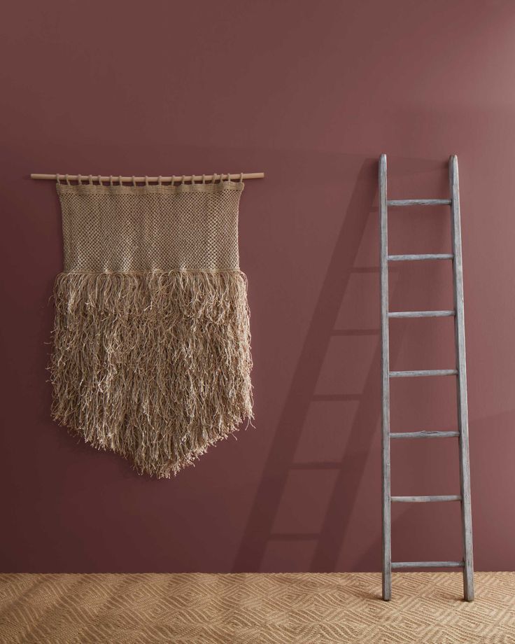 a ladder is next to a wall hanging on a pink wall with a brown fringe