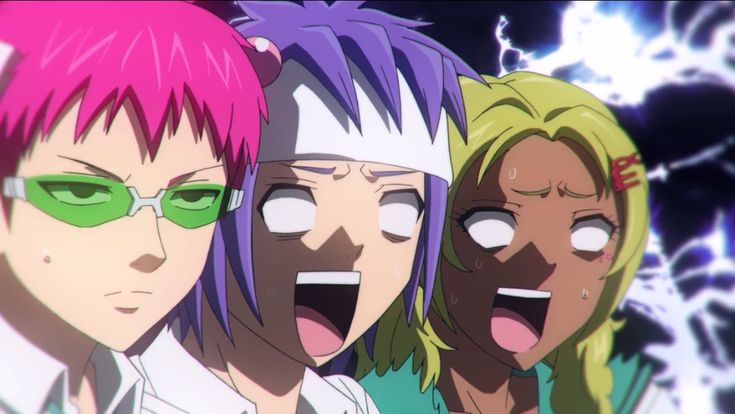 three anime characters with different colored hair and green eyeliners, one in the foreground