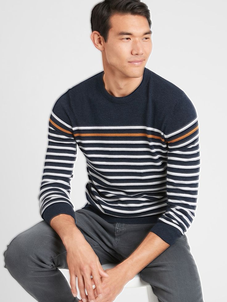 Premium Luxe Striped Crew-Neck Sweater | Banana Republic Factory Fall Crew Neck Sweatshirt With Striped Cuffs, Casual Crew Neck Sweatshirt With Striped Cuffs, Striped Sweater With Ribbed Crew Neck, Striped Crew Neck Sweater With Ribbed Cuffs, Navy Crew Neck Knit Sweater, Navy Crew Neck Sweater For Layering, Casual Navy Sweater With Ribbed Cuffs, Striped Crew Neck Sweater With Ribbed Collar, Striped Sweater With Ribbed Collar And Crew Neck