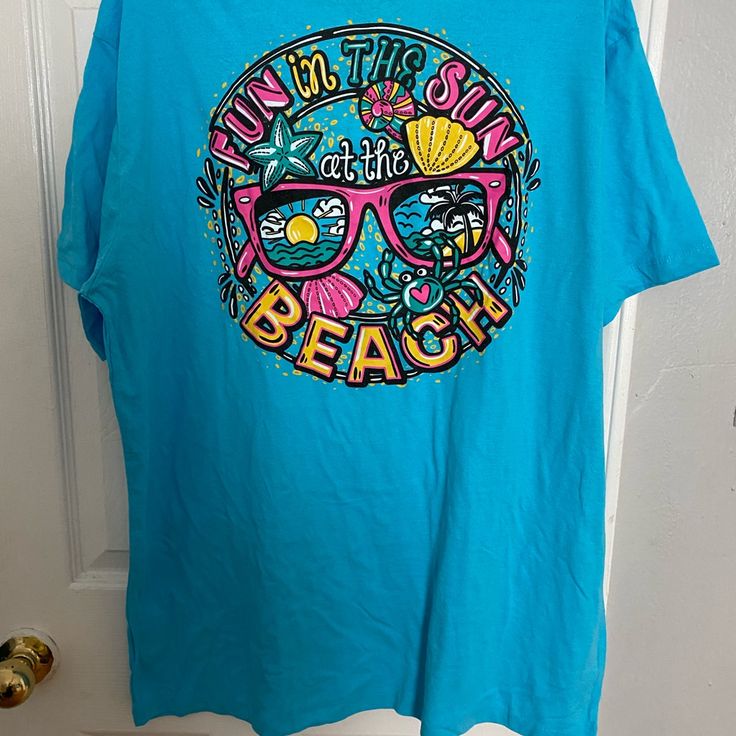 Brand New*** Blue Tshirt Summer Beach Size Xl Casual Light Blue T-shirt For Summer, Blue Cotton T-shirt For Beach Season, Blue Short Sleeve T-shirt For Beach Season, Casual Blue T-shirt For Beach Party, Blue Short Sleeve Top For Vacation, Casual Light Blue Summer T-shirt, Blue Summer T-shirt For Vacation, Blue Beachy T-shirt For Beach, Beachy Blue T-shirt For Beach