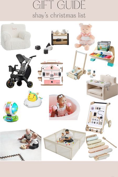 a baby's christmas gift guide with toys and gifts for the child on it