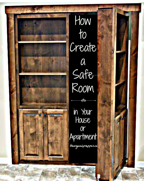 an old wooden bookcase with chalkboard written on the front and bottom, next to it is a sign that says how to create a safe room in your house or apartment