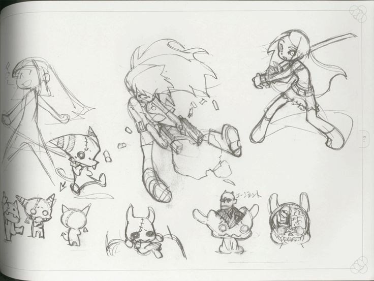 several sketches of different characters in various poses