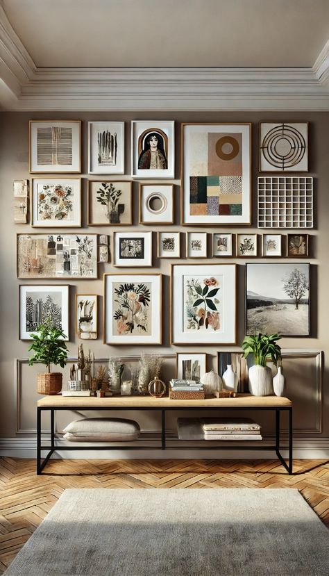 a living room filled with lots of framed pictures on the wall above a coffee table