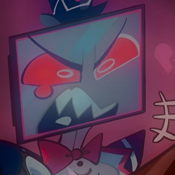 a cartoon character is looking at the tv with an evil face on it's screen