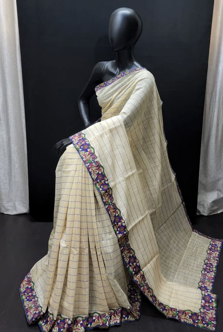 tussar by cotton applique work border printed blouse Off White Embroidered Saree, Cream Blouse Piece With Resham Embroidery, Off White Cotton Traditional Wear For Festivals, Festive Cotton Saree With Embroidered Border, Off-white Embroidered Fabric For Festivals, Unstitched White Cotton Blouse Piece, Cotton Blouse Piece With Embroidered Border For Festivals, Cotton Silk Saree With Printed Border, Cream Embroidered Chanderi Fabric