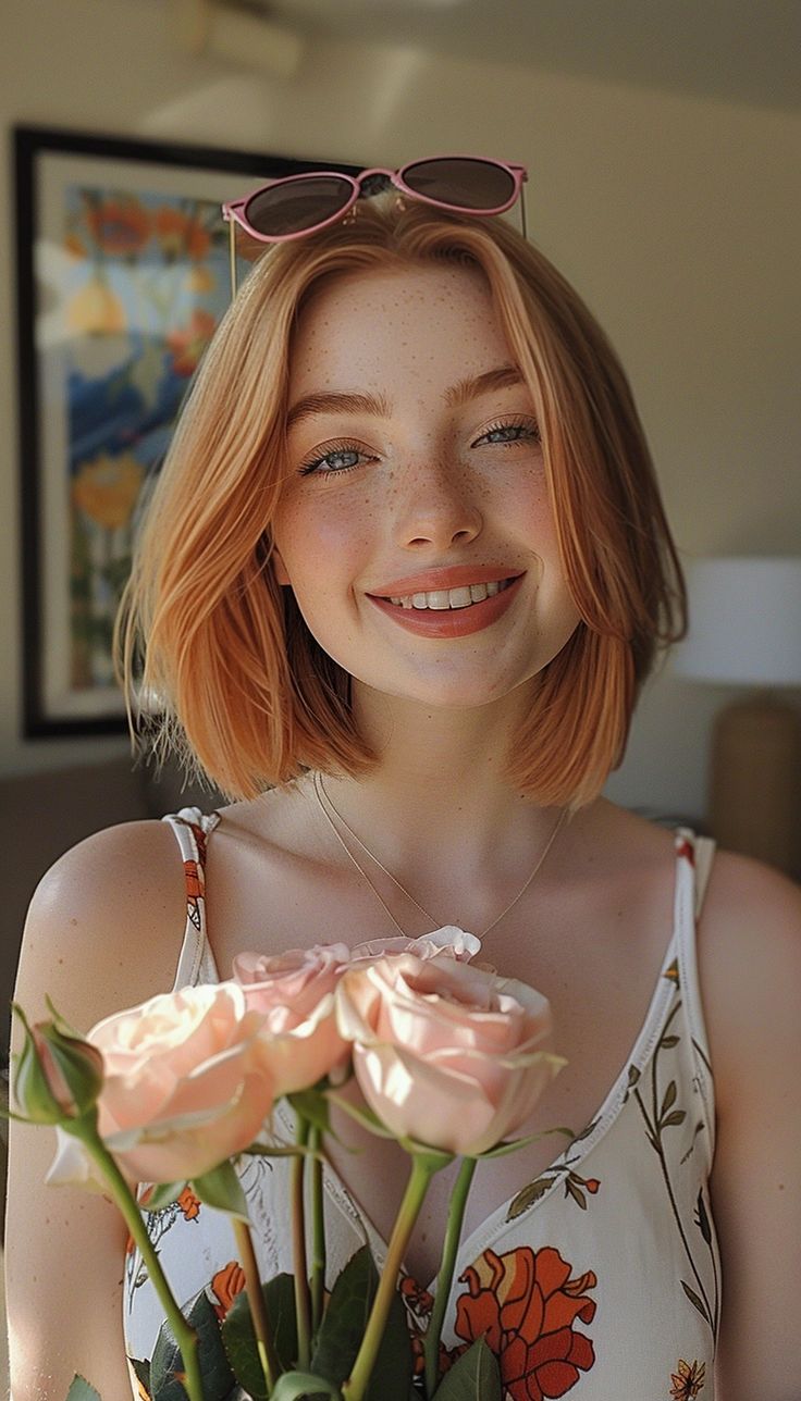 young woman, short straight bob cut strawberry blonde hair held back, black and pink Ray-ban sunglasses on top of head, blue eyes, grinning, holding six light pink roses, in a simple living room, wearing a white black orange red and yellow flower pattern sleeveless dress, warm sun lighting --v 6  --stylize 250 Short Hairstyle Women Strawberry Blonde, Short Strawberry Blonde Hair With Bangs, Strawberry Blonde Pixie Haircut, Sunglasses On Top Of Head, Strawberry Blonde Hair Short, Strawberry Blonde Short Hair, Blonde Wolfcut, Short Strawberry Blonde Hair, Strawberry Blonde Bob