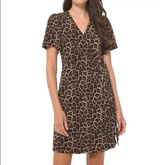 It's All About The Details: This Leopard-Print Dress From Michael Michael Kors Is Styled With Gathered Shoulders, Metal Ring Hardware And A Flattering Faux-Wrap Design. Approx. 37" Long From Center Back Neck To Hem Surplice Neckline; A-Line Silhouette Pullover Styling Metal Ring Hardware With Tie At Side Waist Unlined Polyester/Elastane Machine Washable Imported Pit To Pit: 19 Waist: 15 Length: 37 Casual Fitted Michael Kors Dress, Michael Kors Fitted Casual Dress, Womens Navy Blue Dress, Army Green Dress, Flair Dress, Blue Shift Dress, Cheetah Print Dress, Black Dress With Sleeves, Lace Slip Dress