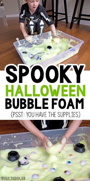 a young boy making spooky halloween bubble foam