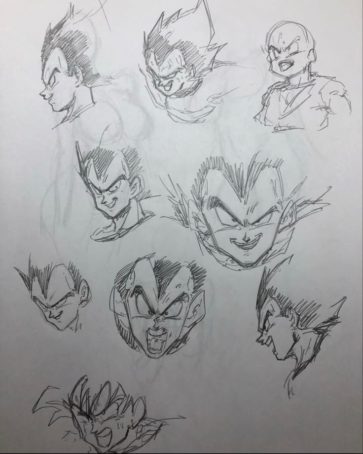 some sketches of the faces of various characters from dragon ball, and their respective expressions