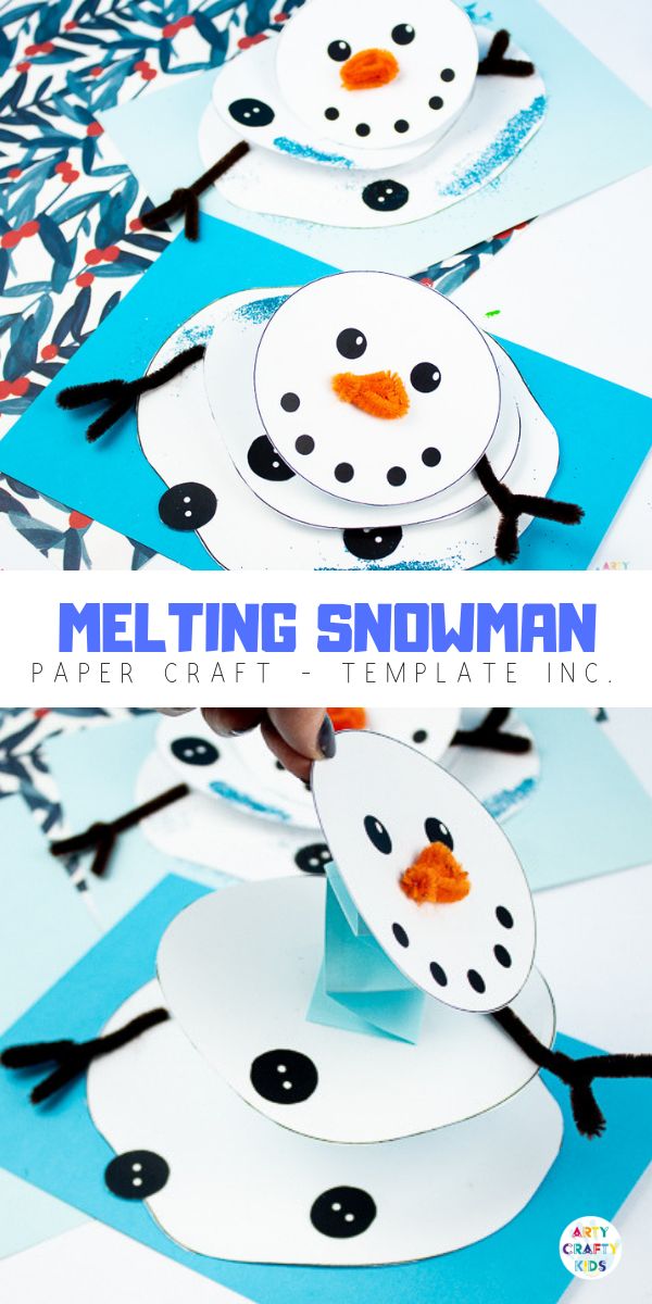 paper plate snowman craft for kids with the title overlay that reads melting snowman