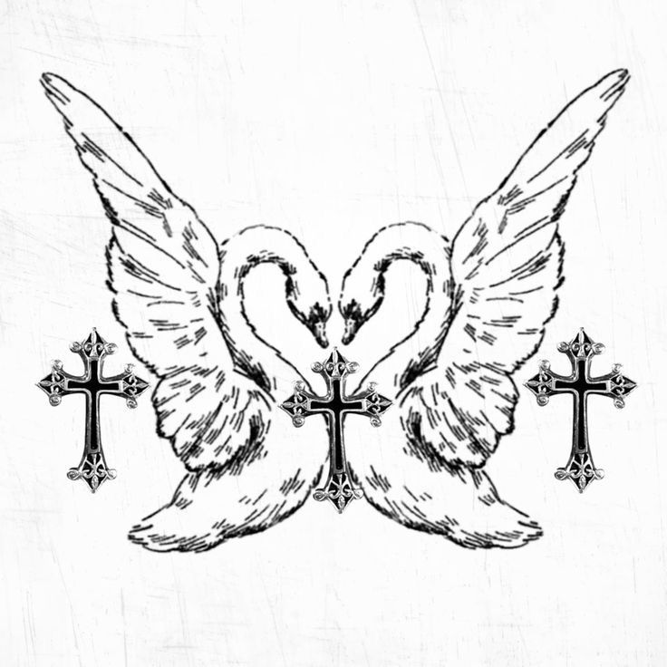 two swans with crosses on their backs in the shape of hearts and cross tattoo design