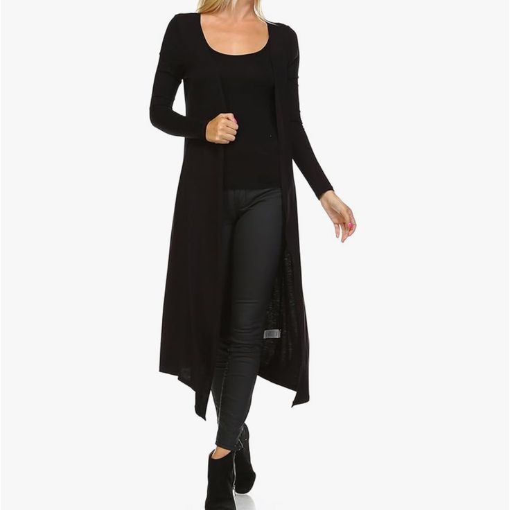 Boho Black Long Open Duster Cardigan One Size Versatile Style - Look Fashionable Instantly With This Timeless Maxi Cardigan. It's Multipurpose And Versatility Makes It Super Easy To Style Outfits With As It'll Compliment And Elevate Any Basic Outfit. Pair With Sneakers And Jeans Or Leggings For An Everyday Sporty Look Or Dress It Up With A Dress, Heels, And Accessories. Add An Edgy Touch With Knee High Boots Or Go For A More Professional Look With Slacks And A Blouse. No Matter How You Style Thi Black Open Front Top For Layering, Trendy Black Stretch Cardigan, Versatile Black Sweater For Layering, Stretch Black Cardigan For Fall, Long Black Cardigan For Fall, Black Open Front Top For Fall, Casual Open Front Cardigan For Night Out, Casual Black Cardigan For Night Out, Versatile Black Open Front Cardigan