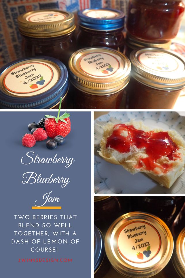 strawberry blueberry jam in jars with labels and berries on the bottom, along with raspberries