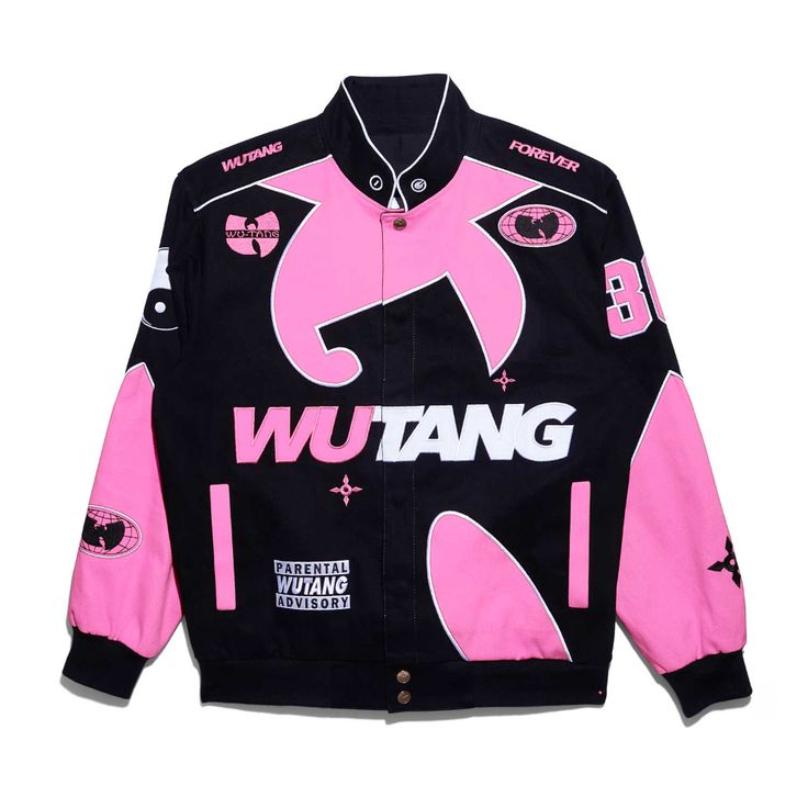 Souvenir Jacket Black & Pink – Wu-Tang Clan Shop Retro Outerwear With Stand Collar For Streetwear, Pink Cotton Outerwear For Streetwear, Retro Cotton Outerwear For Streetwear, Cotton Track Jacket With Stand Collar For Streetwear, Cotton Streetwear Track Jacket With Stand Collar, Cotton Outerwear With Stand Collar For College, College Cotton Stand Collar Outerwear, College Cotton Outerwear With Stand Collar, Cotton Outerwear With Baseball Collar For Streetwear