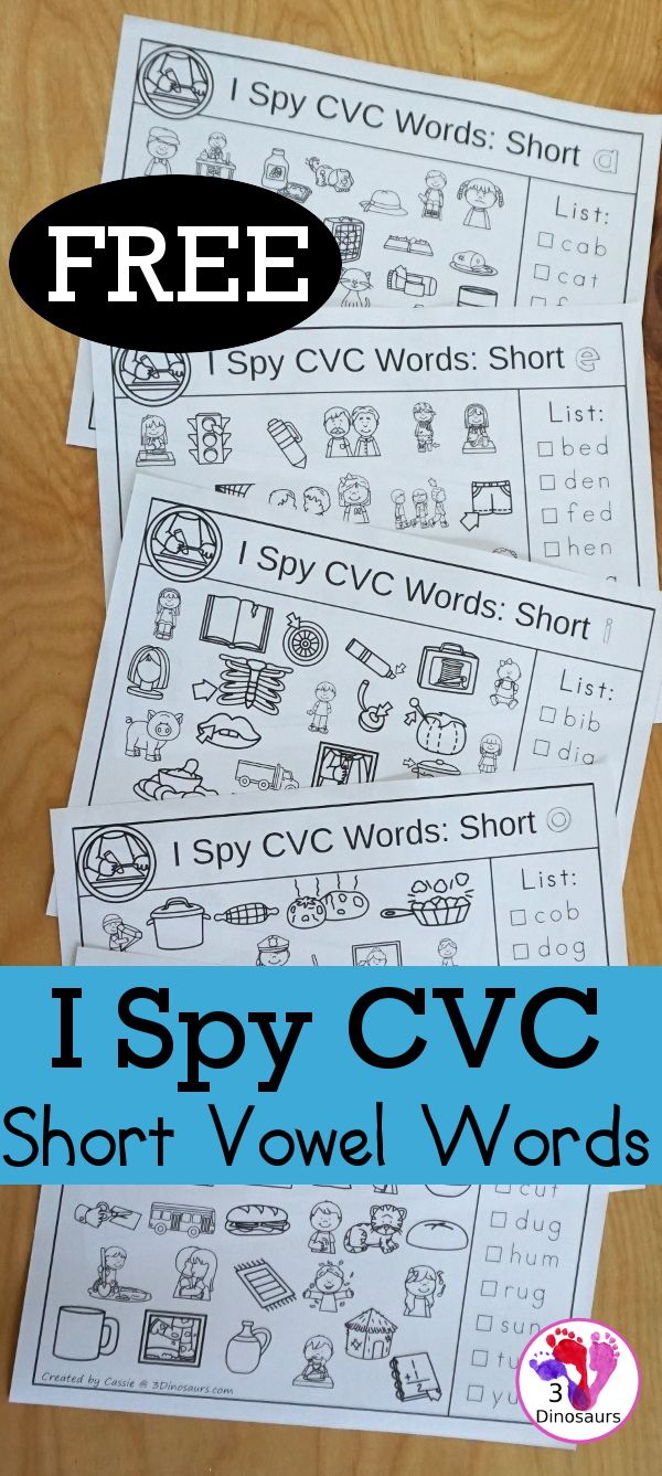 three printable worksheets with the words i spy cvc short - word words