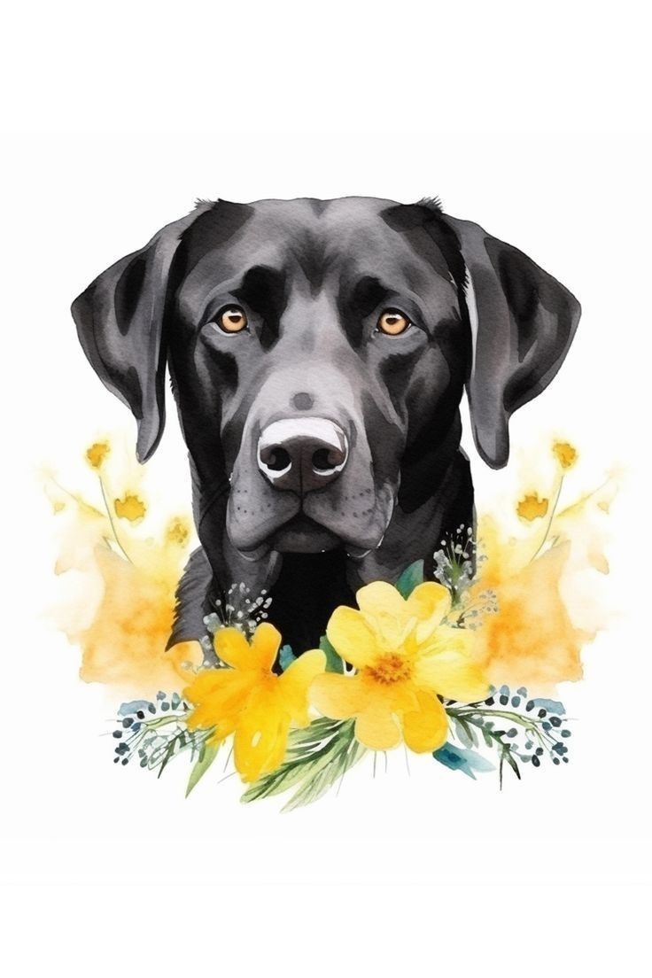 a black dog with yellow flowers on it's head and the words happy birthday written in