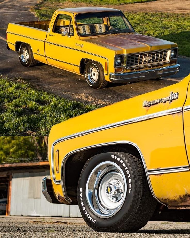 an old yellow pickup truck parked on the side of a road