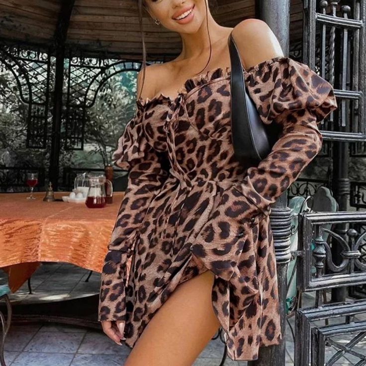 New Autumn Chic Sexy Fashion Leopard Print Off Shoulder Long Sleeve Dress Ships 2 Weeks Enjoy! Brown Off-shoulder Dress For Night Out, Chic Leopard Print Mini Dress For Date Night, Brown Mini Dress For Date Night, Brown Mini Dress For Club, Brown Mini Dress For Night Out, Fall Date Night Leopard Print Mini Dress, Flirty Brown Mini Dress For Night Out, Chic Leopard Print Mini Dress, Elegant Off-shoulder Brown Mini Dress