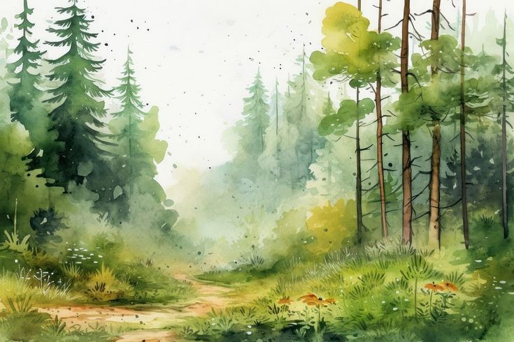 watercolor painting of a forest scene with trees and dirt path leading to the woods