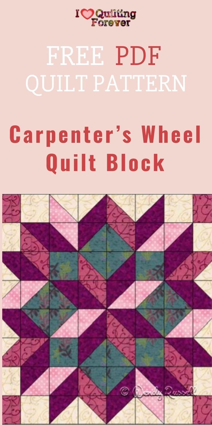 the free quilt pattern for carpenter's wheel quilt block is shown in pink and purple