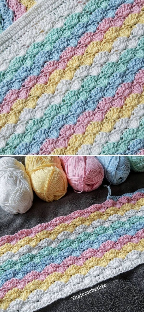 several balls of yarn sitting on top of a crocheted blanket next to each other