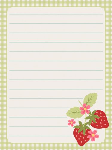 a notepad with strawberries and flowers on the bottom, lined in green checkered paper