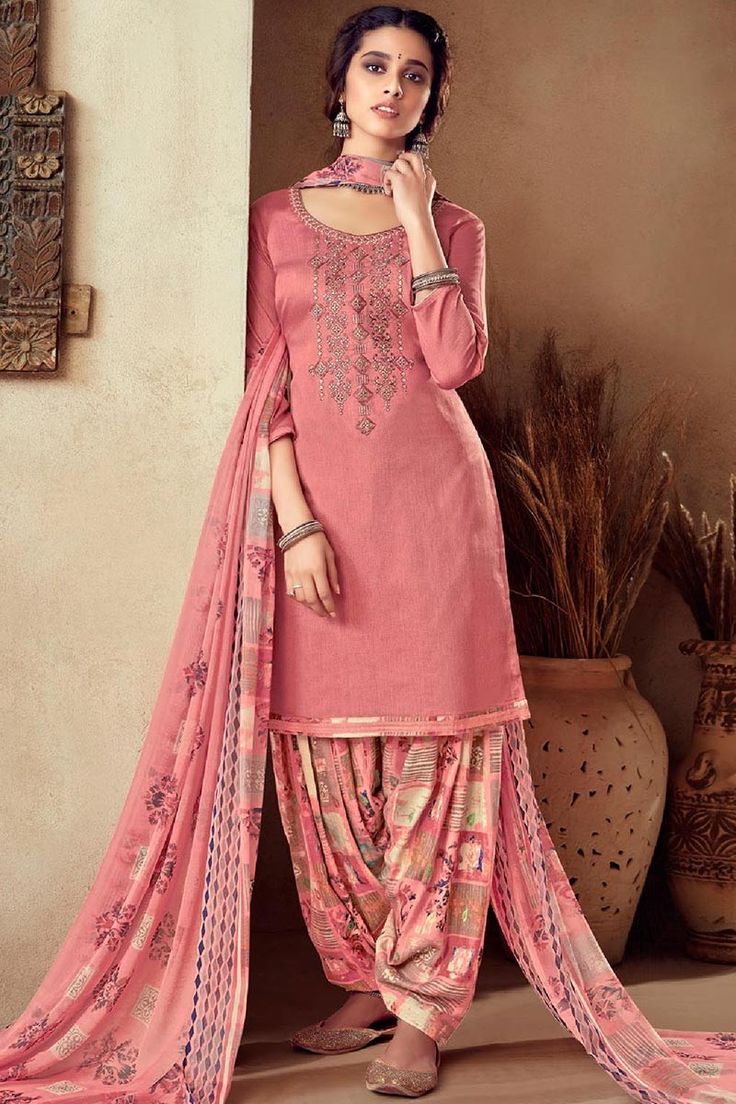 A stylish interpretation of ethnic glamour and contemporary style, this Pink Cotton Patiala Suit which will surely grabs everyone attention. This Round neck and Quarter Sleeves Wedding Wear Dress perfectly formed using resham, zari and stone work. Teamed up with Cotton Patiala Salwar in Pink Color with Pink Chiffon Dupatta. Patiyala Salwar, Fair Girls, Green Suits, Cotton Sharara, Patiala Salwar Suits, Pakistani Suit, Patiala Suit, Patiala Salwar, Unique Dress