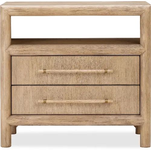 a wooden night stand with two drawers on one side and an open drawer on the other