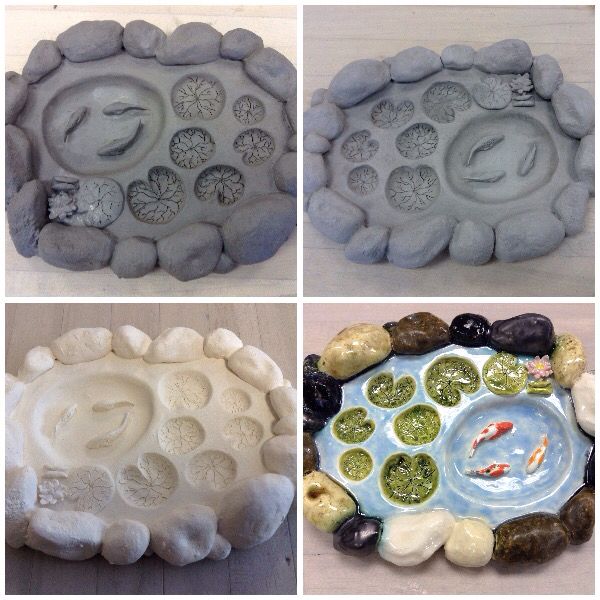 four different pictures of fish in a bowl made out of rocks and stones, each with an individual's face carved into it