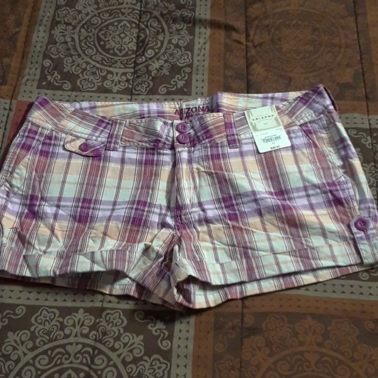 Purple/Soft Orange/White Plaid Shorts Waist Is 19" Wide Shorts Are 11" Long 2.5" Inseam Purple Cotton Bottoms Short Length, Purple Cotton Short Bottoms, Summer Cotton Bottoms In Purple, Purple Cotton Shorts With Pockets, Summer Cotton Purple Bottoms, Purple Cotton Summer Bottoms, Summer Purple Cotton Bottoms, Purple Fitted Cotton Shorts, Casual Purple Cotton Shorts