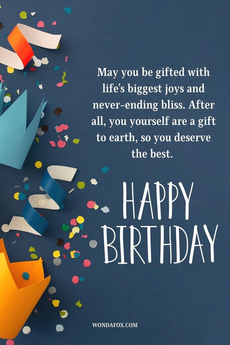 a birthday card with paper crowns and confetti on the side that says, may you be gifted with life's biggest joys and never - ending bliss after all