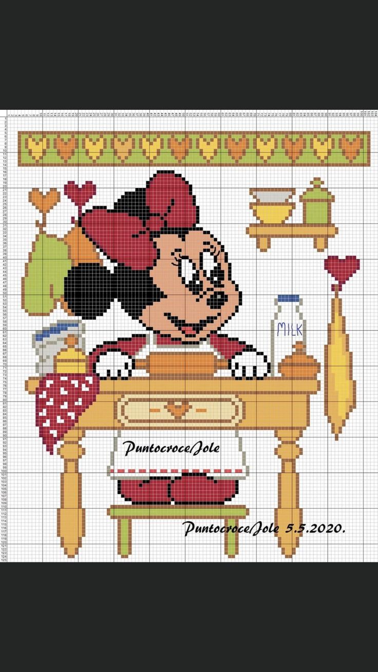 a cross stitch pattern with minnie mouse sitting at a table