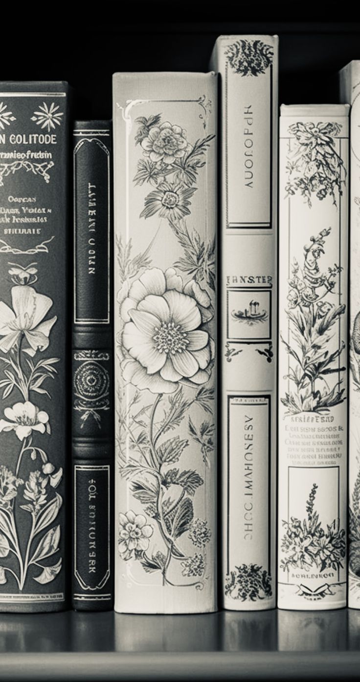 black and white books lined up on a book shelf, with flowers painted on them