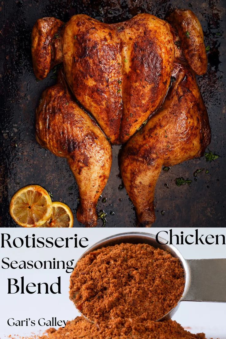 roasted chicken with seasoning in a pan and on the cover of rotisserie's cooking blend